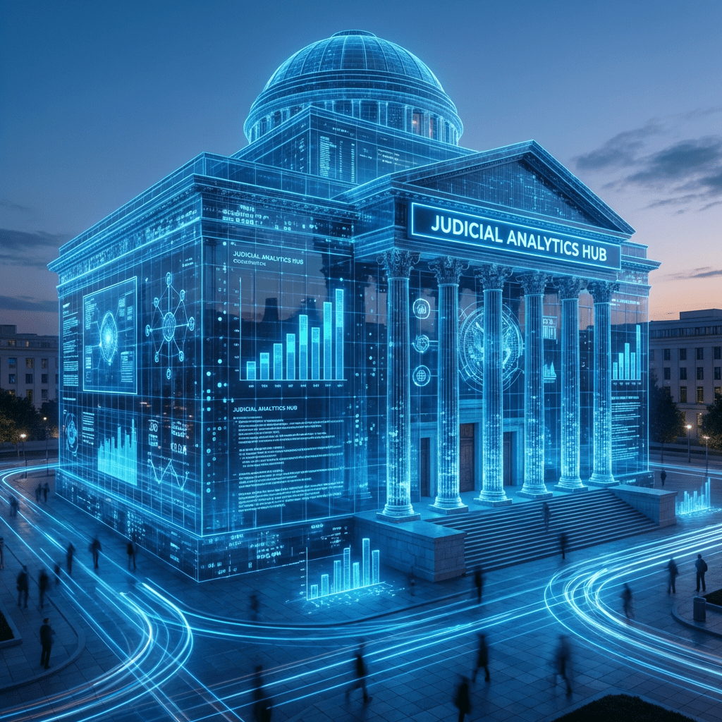 A digital courthouse labeled JUDICIAL ANALYTICS HUB featuring glowing blue data charts and architectural blueprints.